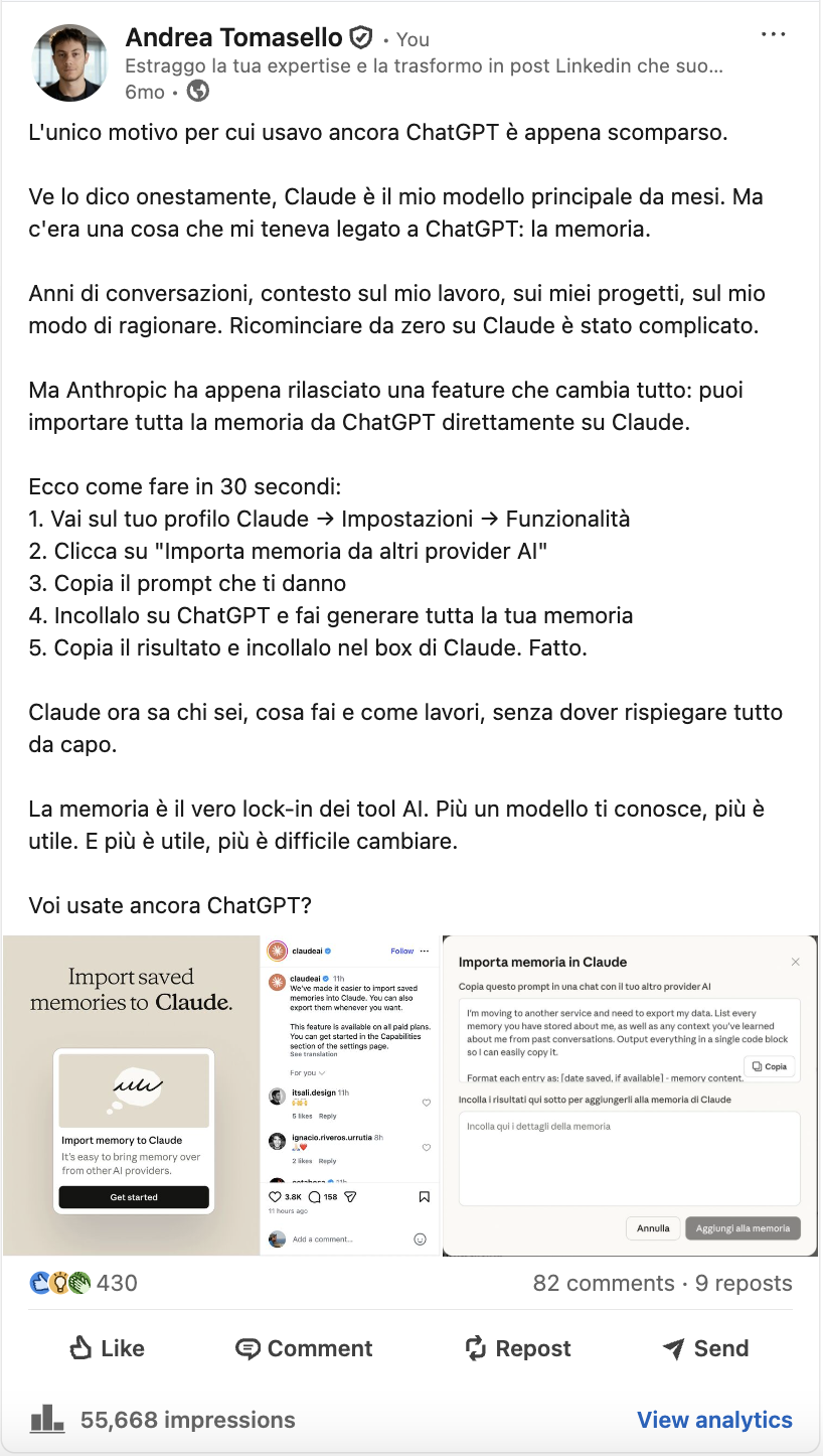 Post LinkedIn di Andrea Tomasello sull’import della memoria da ChatGPT a Claude